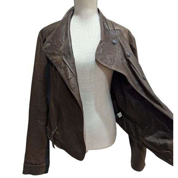 Via Spiga Womens 100% Leather Asymmetrical Moto Jacket Zip Up Dark Brown Size XL - Picture 8 of 13